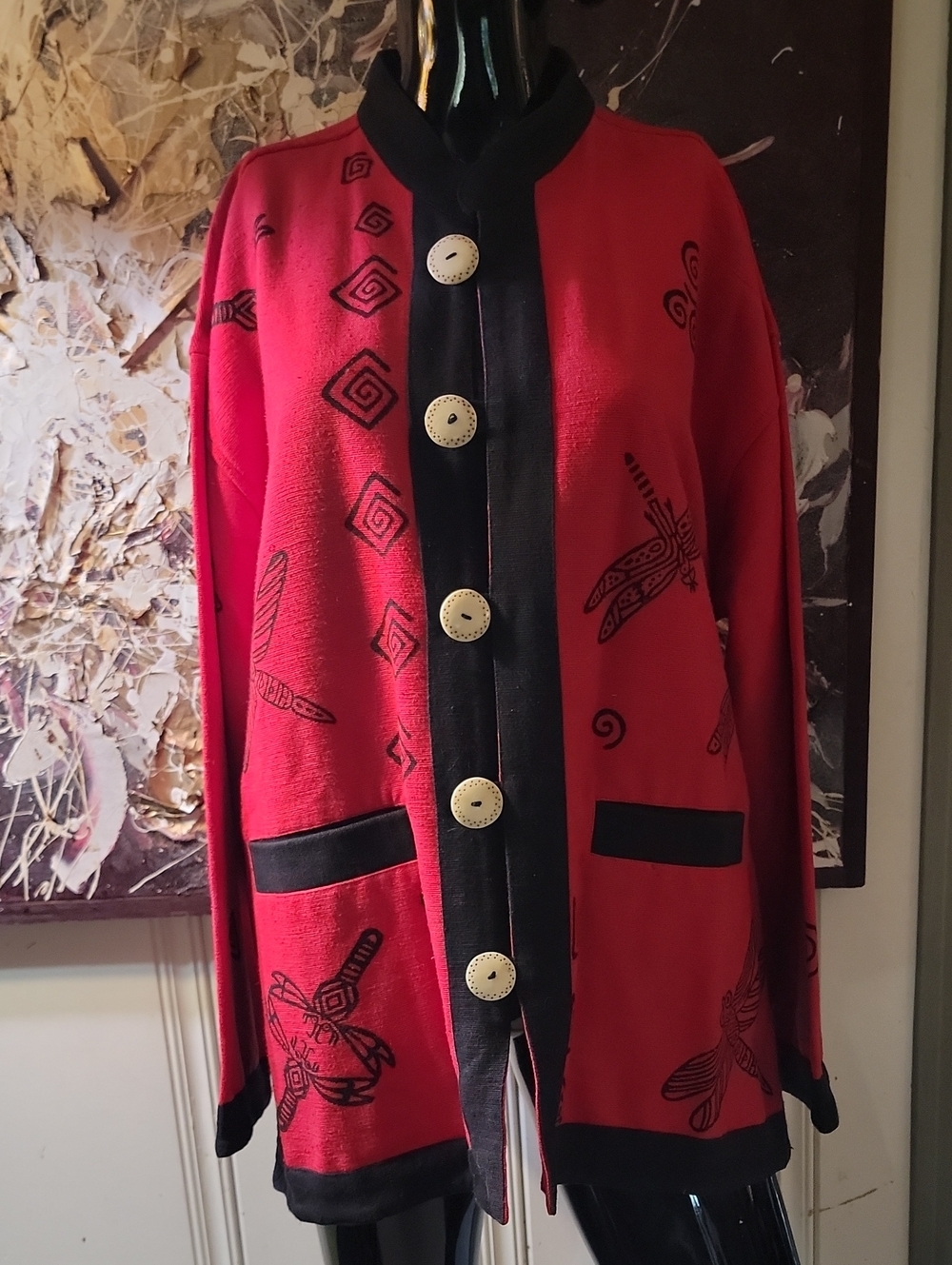 Nepalese Made Red and Black Printed Button-Front Cardigan With Dragonflies